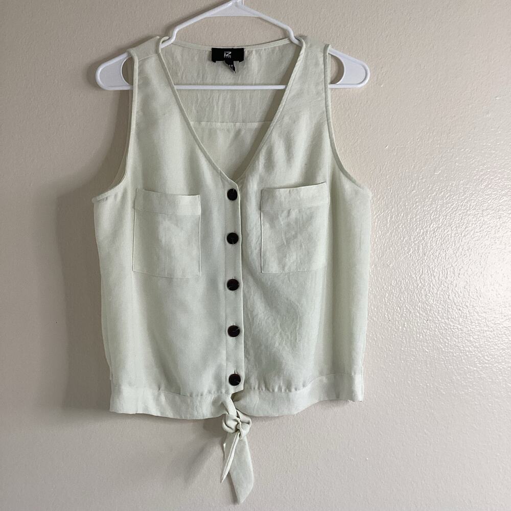IZ Byer Womens Linen Look Tie Front Tank Top Ivory Button Front Sleeveless Large